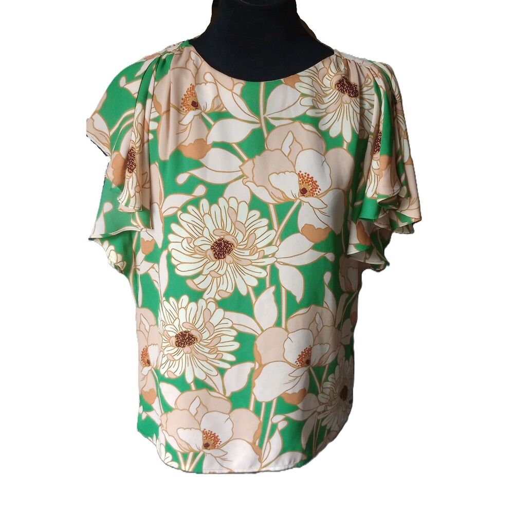 Dr 2 Women's XS Green/Beige Floral Short Flutter Sleeve Blouse